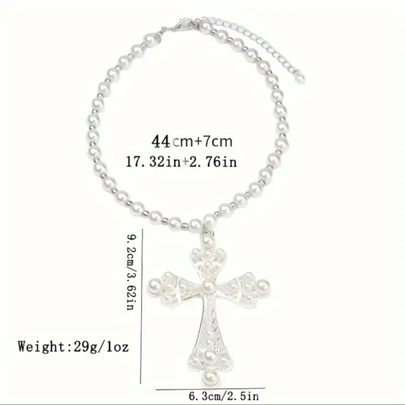 Large Ornate Cross Faux Pearl Pendant Antique Silver tone Victorian Necklace - Picture 4 of 6